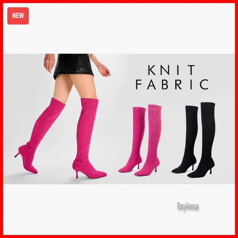 Over-the-Knee Knit Boots with 4-Inch Stiletto Heel, Pointed Toe